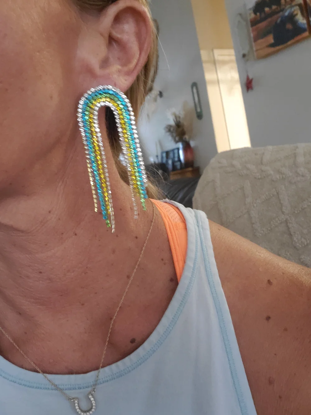Beaded Fringe U-Shape Drop Earrings - Pink, Gold, Black, Multicolor